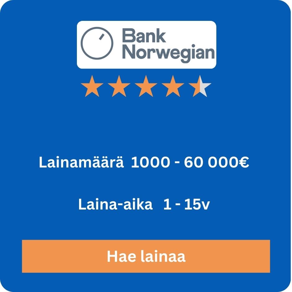 Hae Bank Norwegianilta lainaa ja nauti alhaisista koroista, vuosimaksuttomuudesta ja houkuttelevista palkinto-ohjelmista. Klikkaa tästä ja lue lisää sekä hae nyt.