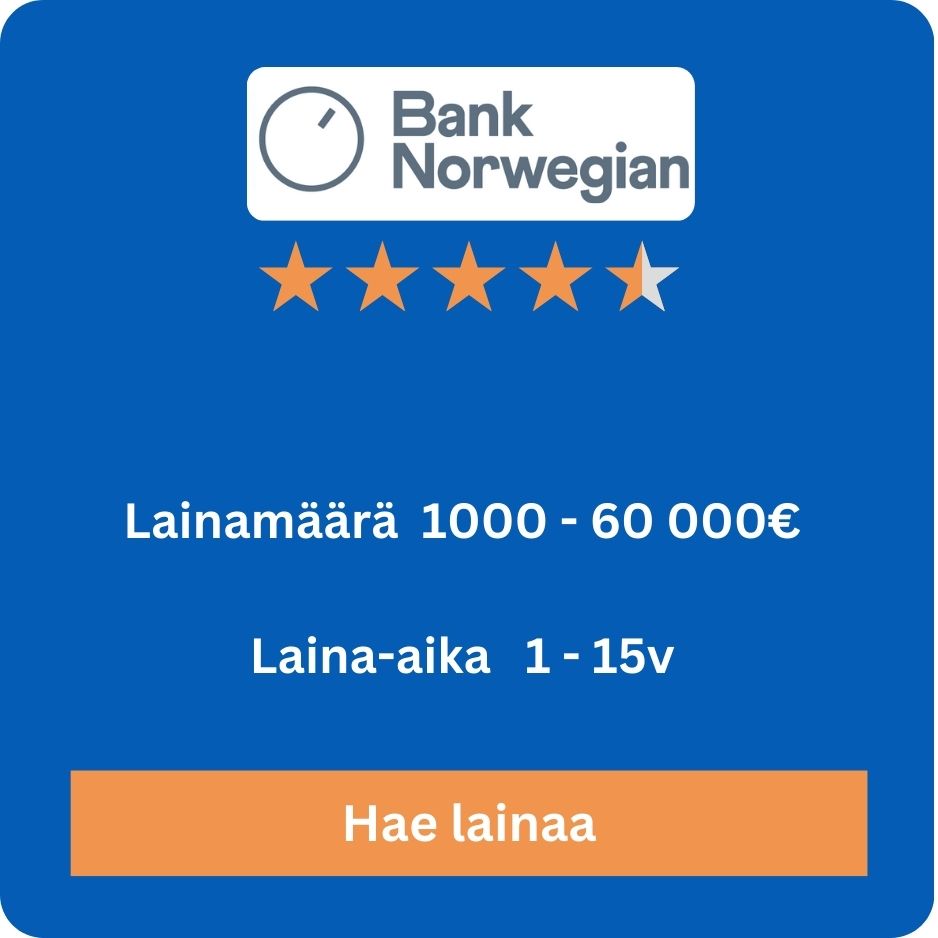 Napsauta "Hae lainaa" -painiketta ja aloita lainahakemuksesi Bank Norwegianilla nopeasti ja turvallisesti. Bank Norwegian tarjoaa joustavia ja kilpailukykyisiä lainavaihtoehtoja, jotka sopivat erilaisiin tarpeisiin – olipa kyseessä pieni laina arjen hankintoihin tai suurempi laina elämän tärkeisiin hetkiin. Hakeminen on helppoa, eikä se sido mihinkään, joten voit tarkistaa mahdollisuutesi huoletta.