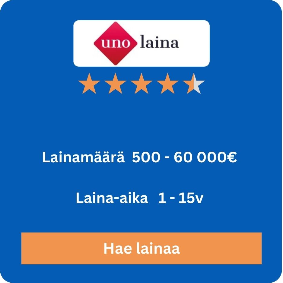 Hae Uno Laina -lainaa ja saat kilpailukykyiset korot sekä joustavat takaisinmaksuehdot. Klikkaa tästä ja tutustu lainavaihtoehtoihin sekä hae helposti verkossa.